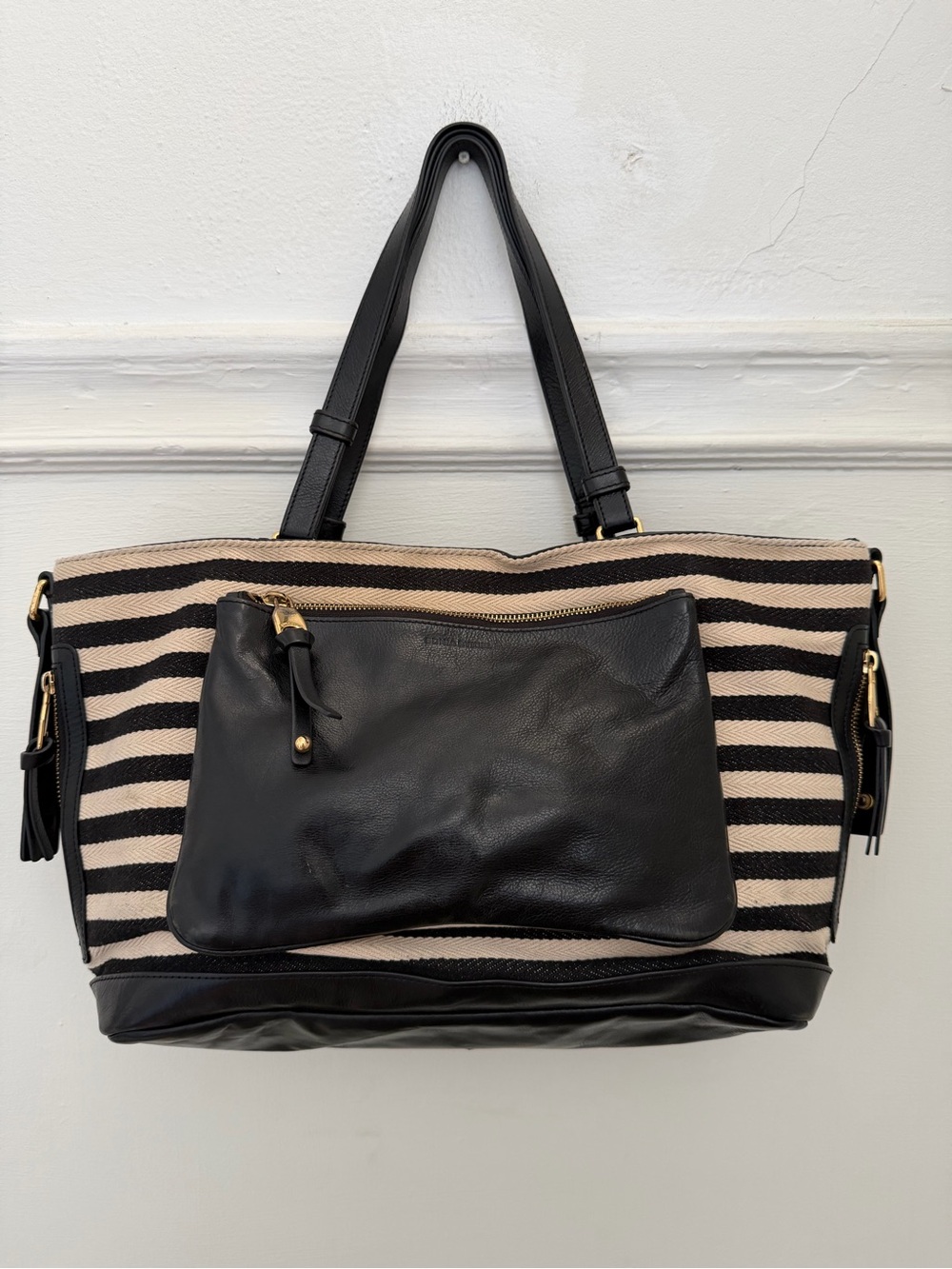 Sonia Rykiel Dauphine Black & Cream Leather & Canvas Tote  EUC SS14